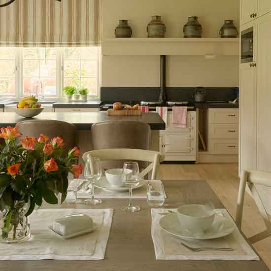 kitchen with yew tree antiques milk pitchers and leather bar stools
