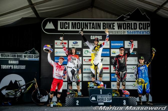 RMen podium: Aaron Gwin, Josh Bryceland, Gee Aterton, Neko Mulally, Sam Hill