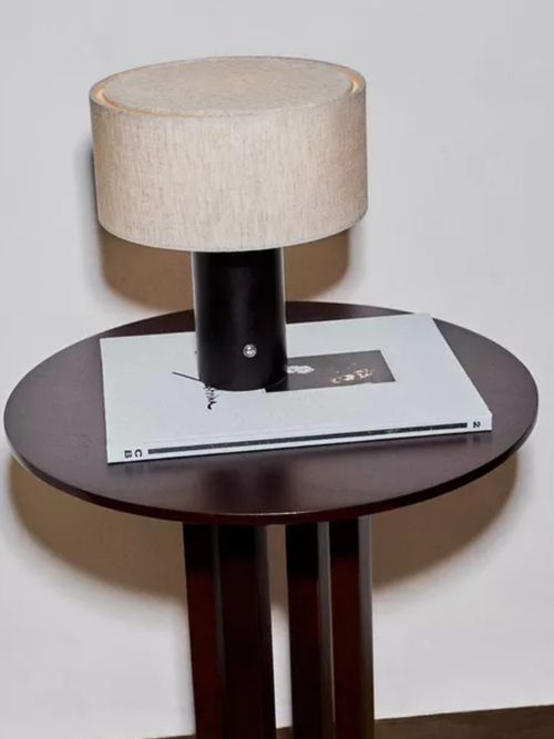 Small Linen and Wood Cordless Table Lamp