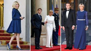 three photos of Brigitte Macron