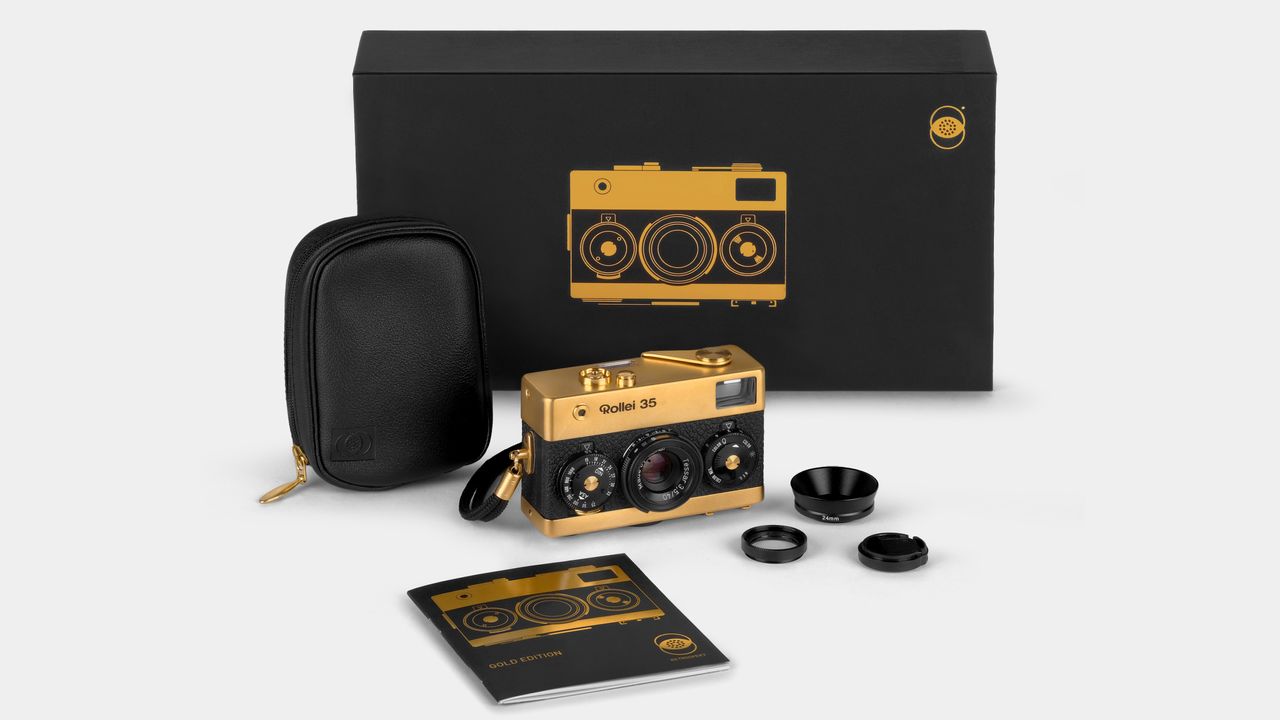 Rollei 35 Retrospekt 24K Gold Edition camera against a white background