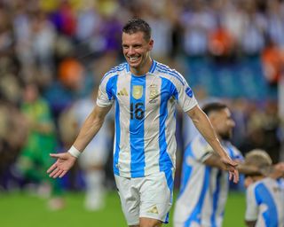 Giovani Lo Celso celebrates at the end of Argentina's win against Colombia in the 2024 Copa America final.