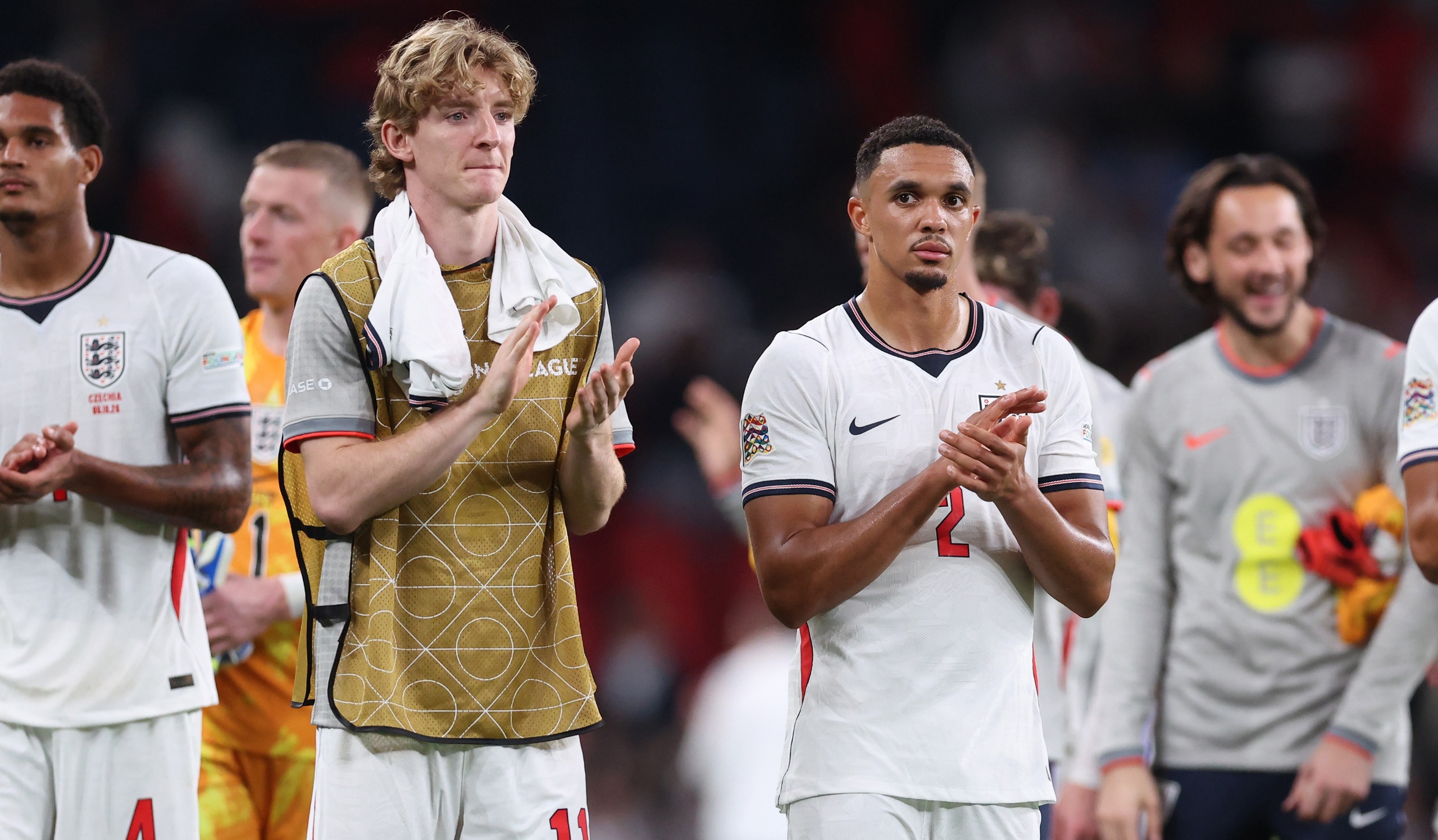 Trent Alexander-Arnold of England applauds as he walks with team mate Anthony Gordon after the UEFA Nations League 2026/27 group phase match against Czechia at Wembley Stadium on October 06, 2026