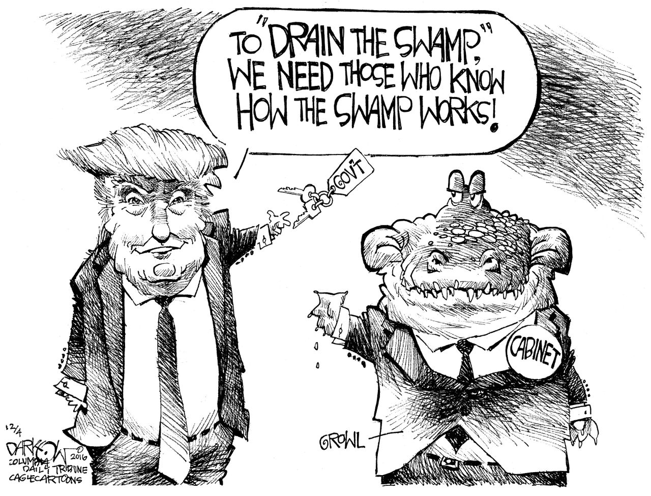 Political cartoon U.S. Donald Trump drain the swamp