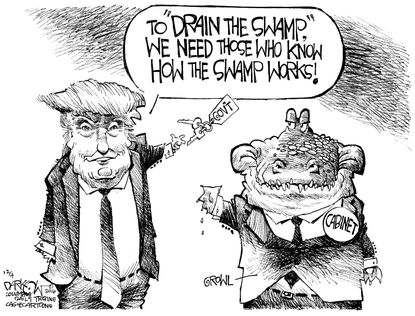 Political cartoon U.S. Donald Trump drain the swamp