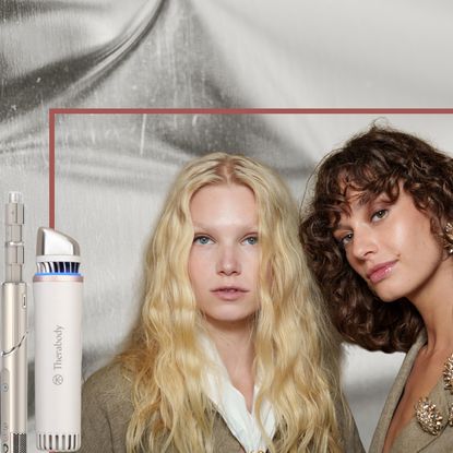 two models with glowing skin and curly hair on a silver background next to two beauty tools
