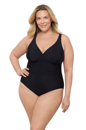Aqua Green Women's Full Coverage V-Neck Surplice Trim Overlay One Piece Swimsuit With Tummy Compression, Black, Medium