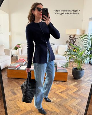 @emmarosethatcher wears the Aligne Daphne Waisted Knit in Navy