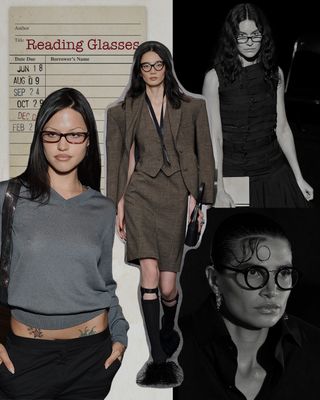 a collage depicting models wearing reading glasses on the runway
