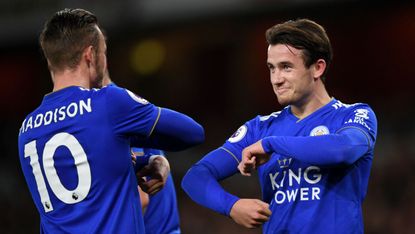 James Maddison and Ben Chilwell celebrate a goal for Leicester City