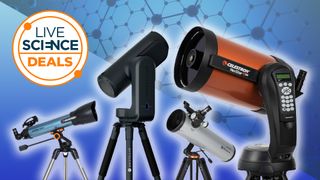 The best telescope deals on Celestron and Unistellar telescopes on a blue background
