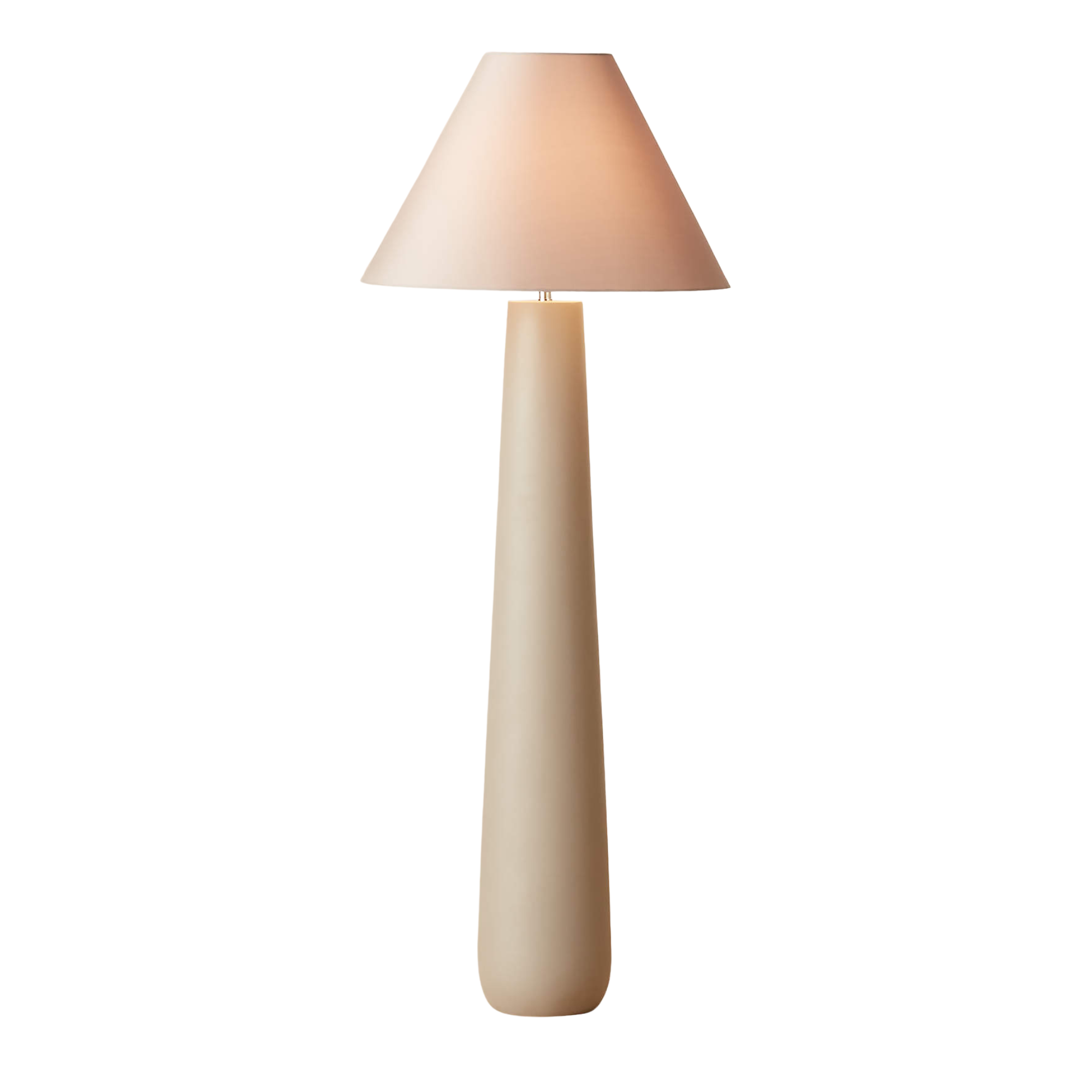 a gray floor lamp with a conical base and a thick shade