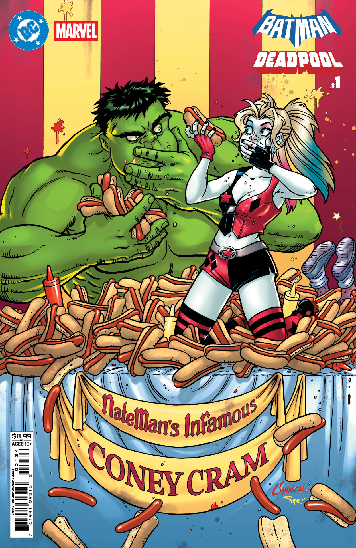 Hulk and Harley Quinn gorging themselvs on hot dogs