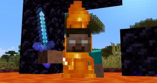 Minecraft commands - Herobrine stands in a pool of lava on fire holding an enchanted diamond sword in front of a ruined portal.