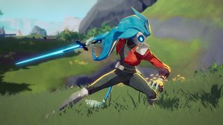 Crafting the characters of video game Hyper Light Breaker; a blue haired character stands in a field holding a sword