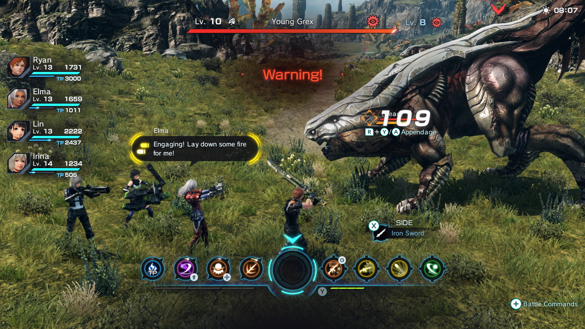 The battle system in Xenoblade Chronicles X: Definitive Edition, showing off the Arts panel and party members fighting a creature