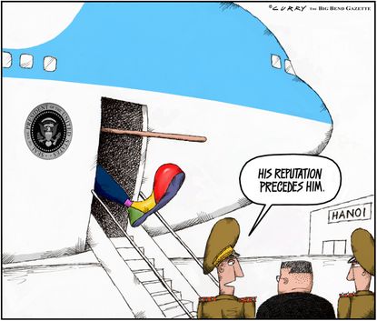 Political Cartoon U.S. Trump clown Hanoi trip Kim Jong-Un summit