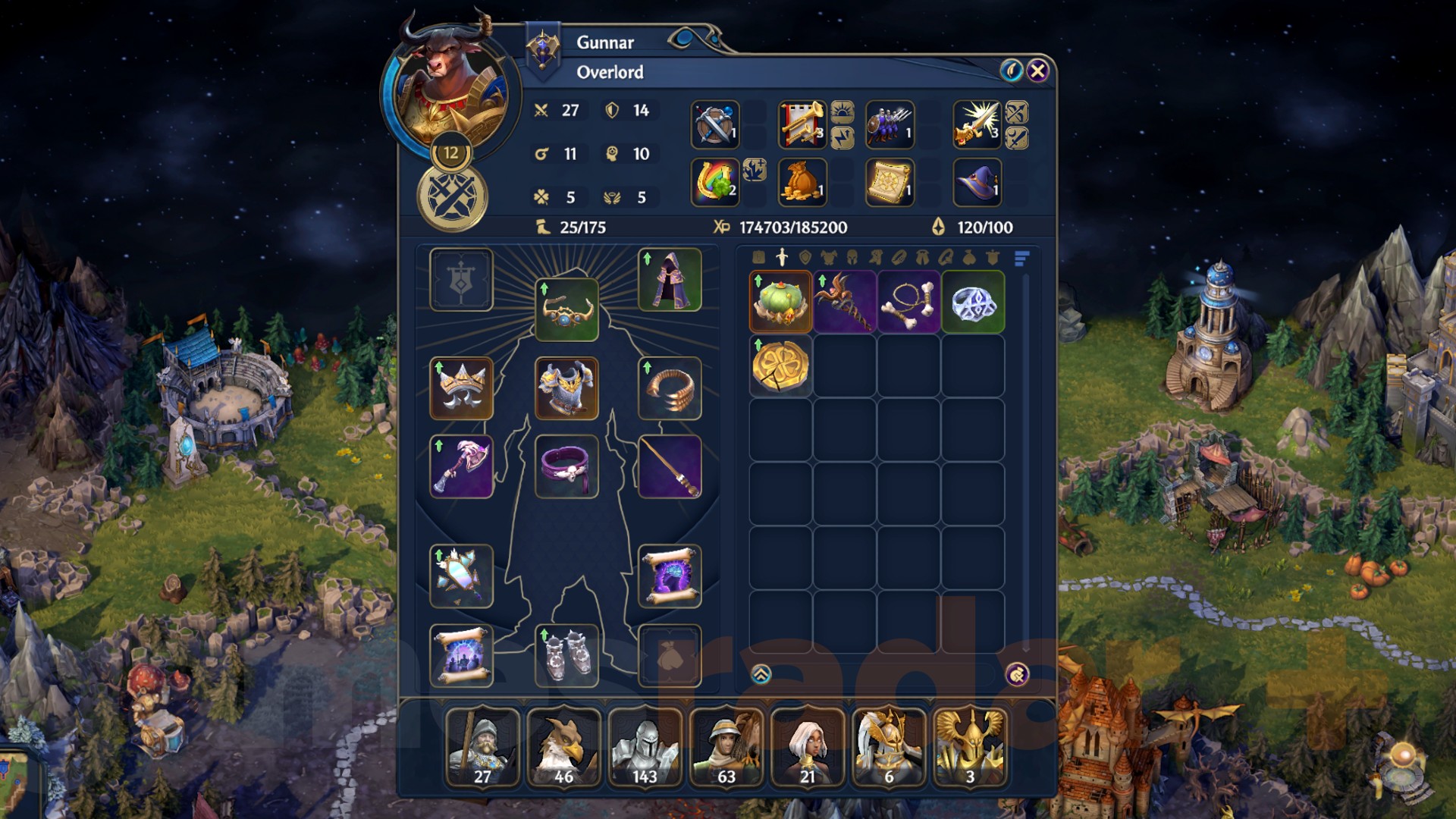 A range of Heroes Olden Era artefacts appear in the hero's inventory.