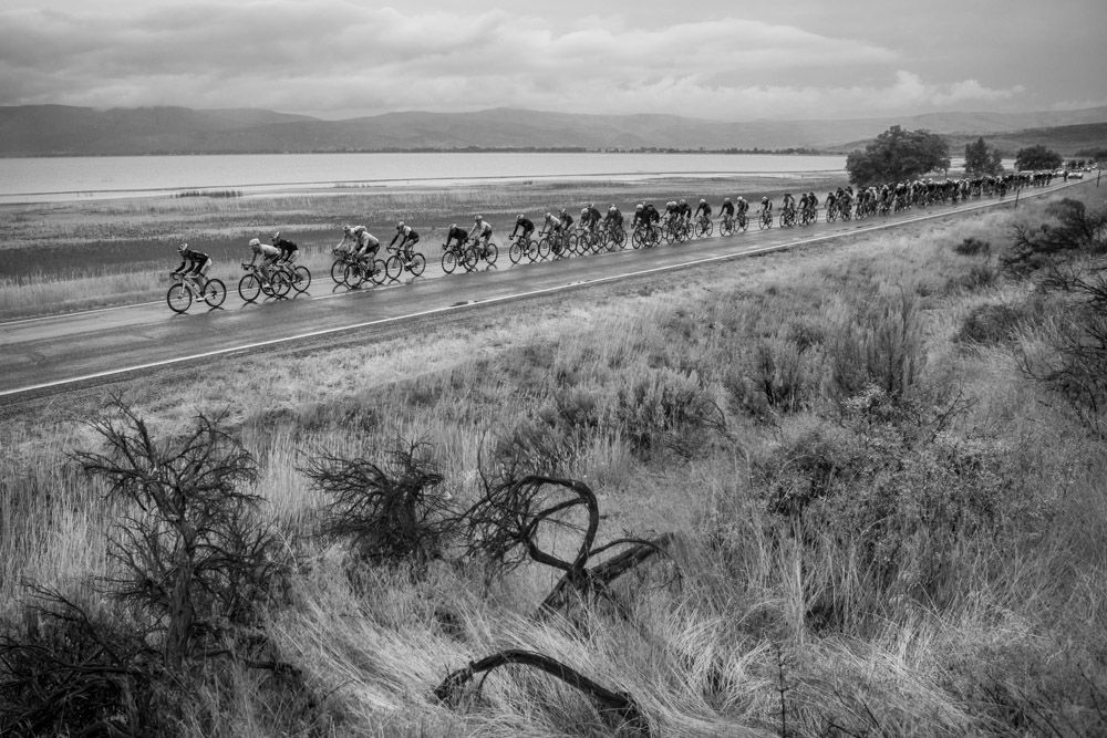 The race gets strung out going around Bear Lake.