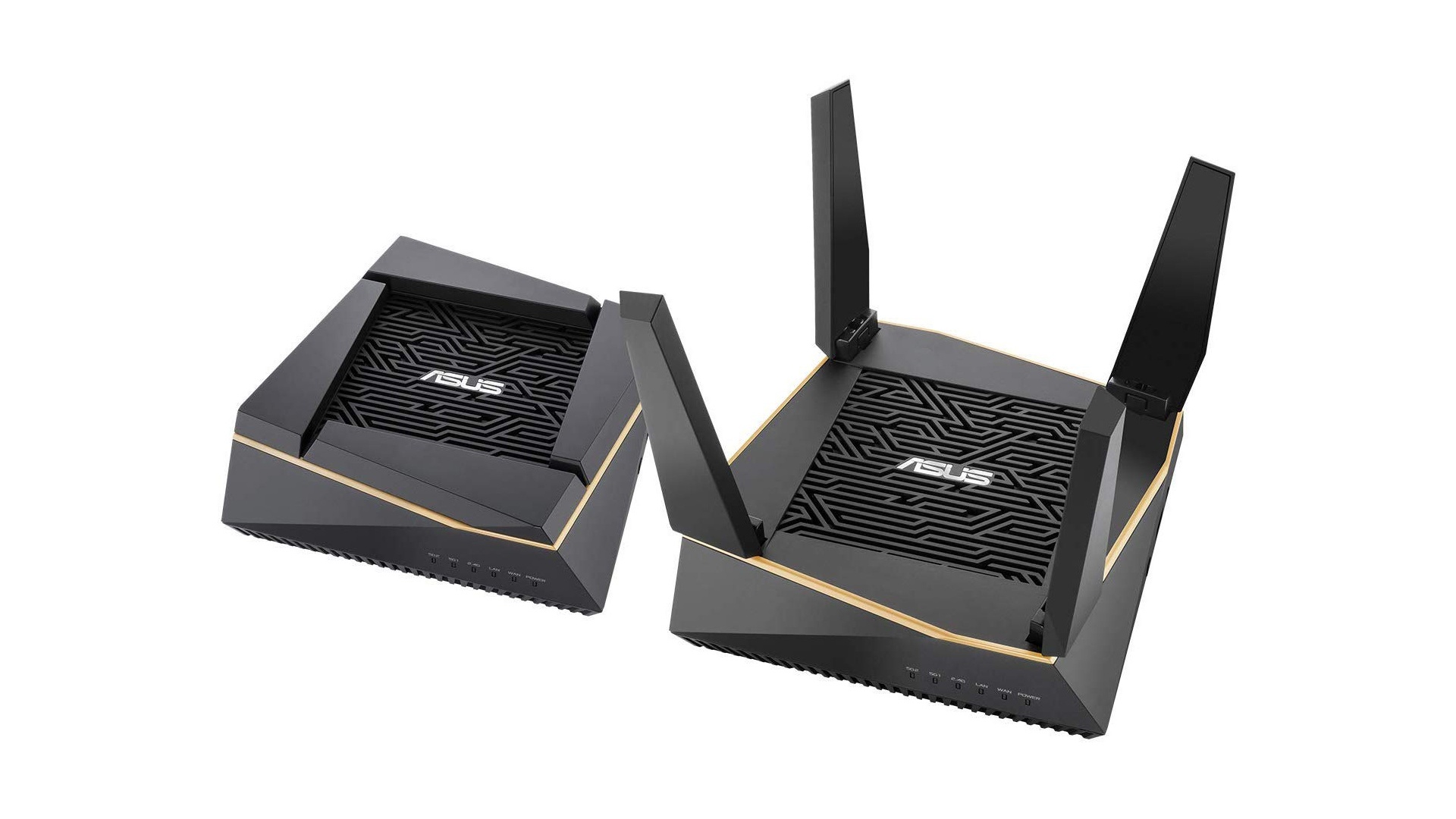 Two Asus RT-AX92U routers at an angle on a white background