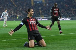 UDINE, ITALY - MARCH 18: Zlatan Ibrahimovic of AC Milan celebrates after scoring the team's first goal from a penalty kick during the Serie A match between Udinese Calcio and AC Milan at Dacia Arena on March 18, 2023 in Udine, Italy. (Photo by Alessandro Sabattini/Getty Images)