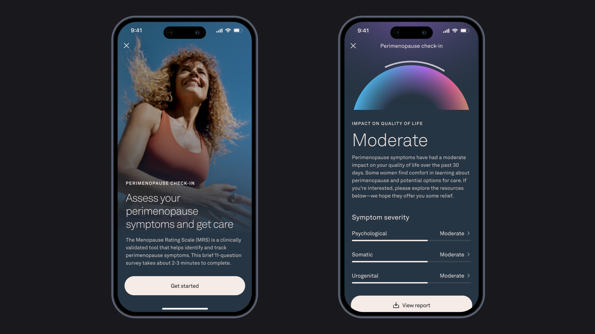 The image shows two smartphone screens displaying a perimenopause check-in app interface. The left screen features a smiling woman with curly hair outdoors under a clear blue sky, accompanied by text inviting users to assess their perimenopause symptoms and get care, explaining that the Menopause Rating Scale is a validated tool involving an 11-question survey taking 2-3 minutes. The right screen presents the results of the check-in, showing a semicircular color gradient gauge labeled 'Impact on Quality of Life' with the rating 'Moderate,' followed by an explanation of the moderate impact of symptoms over the past 30 days and a breakdown of symptom severity in psychological, somatic, and urogenital categories, all rated as moderate. A button labeled 'View report' is visible at the bottom.