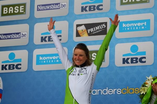 A big one for her first World Cup win - Annemiek Van Vleuten (Nederland Bloeit) on the podium at Ninove