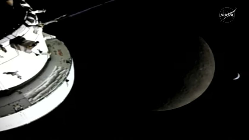 Artemis 2 beyond the moon with crescent