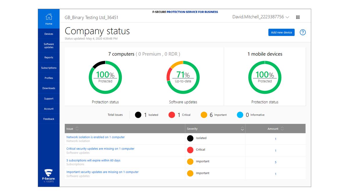 A screenshot of the F-Secure Protection Service for Business console 