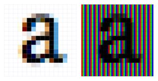 By targeting individual subpixels, subpixel antialiasing effectively increases the resolution of rendered text. The colours the naked eye perceives (left) are the result of setting individual coverage values for each subpixel (right); the subpixels for red, green, and blue combine to form a single perceptible colour.