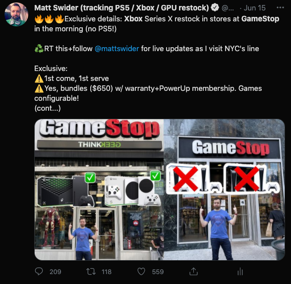 Xbox Series X restock at GameStop Twitter alert from Matt Swider