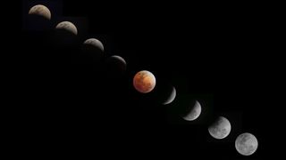 A composite photo showing the different phases of a total lunar eclipse.
