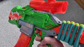 Nerf DinoSquad Rex-Rampage blaster angled_Andy Hartup