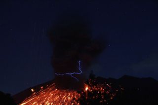 A high-speed image of volcano lightning at Sakurajima Volcano.