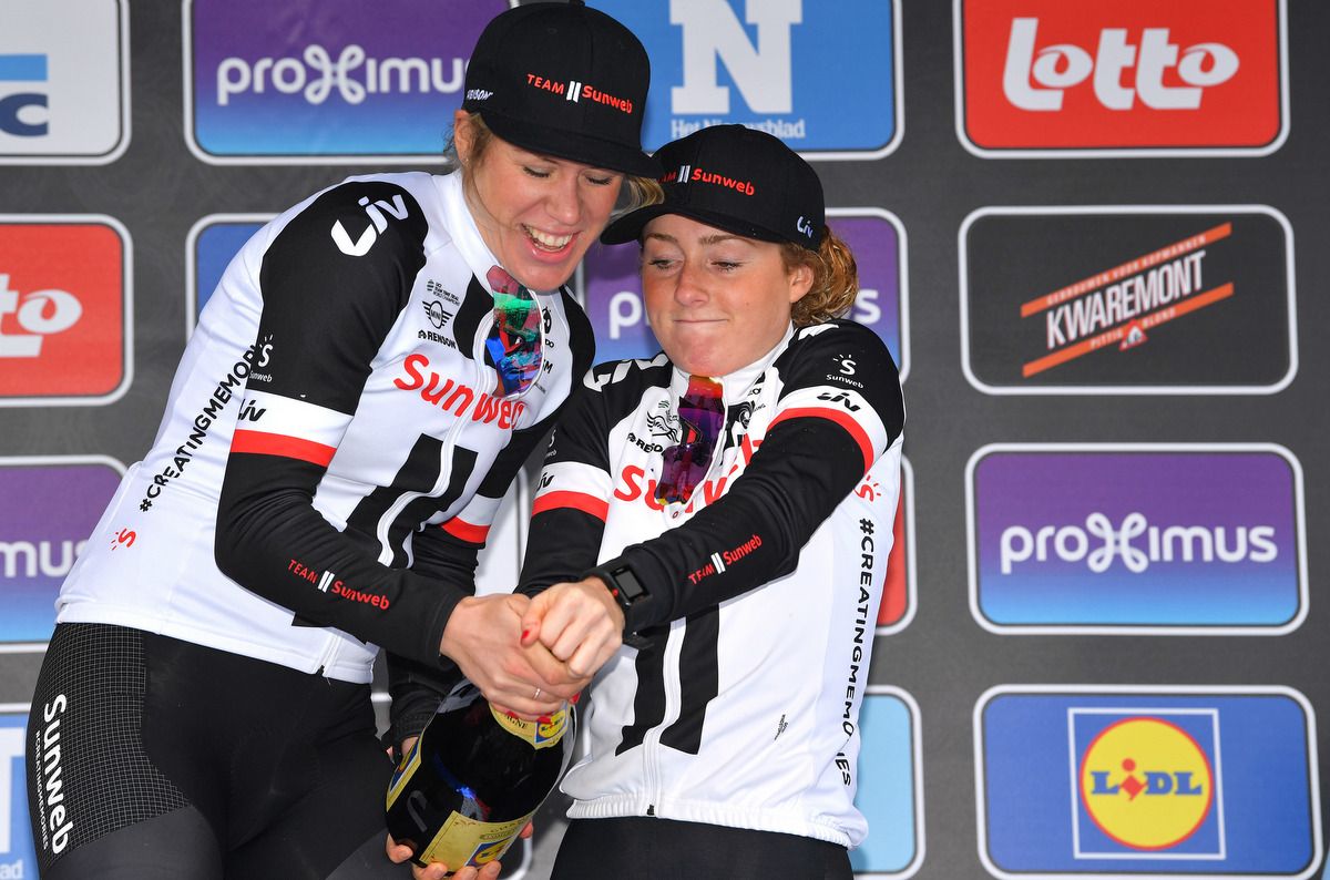 Sunweb teammates Ellen van Dijk and Floortje Mackaij on the podium