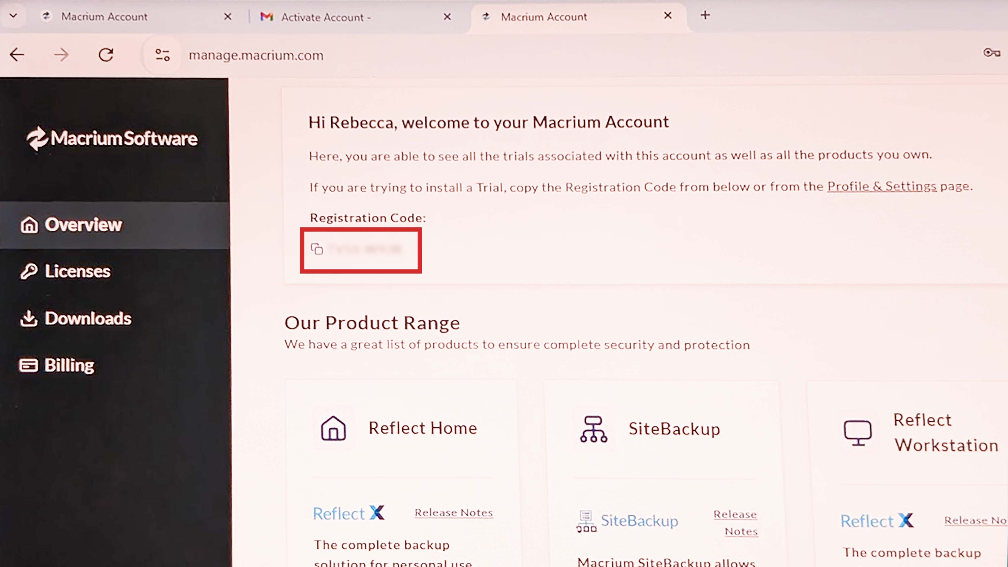 Macrium Software page with the Registration Code highlighted with a red box.