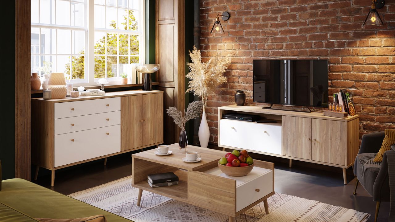 wooden cabinet and coffee table