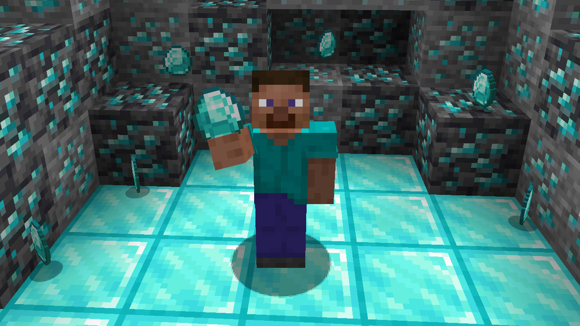Minecraft diamonds - Steve holds up a diamond in a pile of diamond blocks