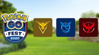 The three Pokémon Go emblems on a pastoral background