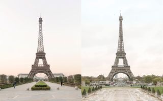China’s replica Eiffel Tower pictured left alongside the Eiffel Tower in France, from the series Paris Syndrome