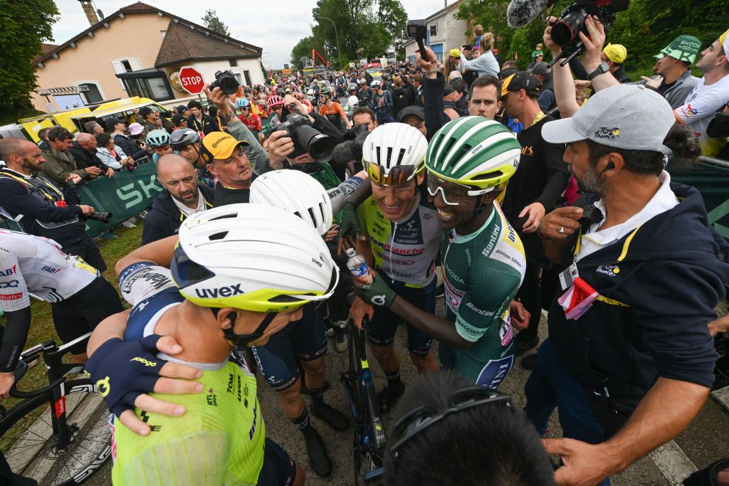 Intermarche - Wanty team's Eritrean rider Biniam Girmay wearing the sprinter's green jersey celebrates after winning the 8th stage of the 111th edition of the Tour de France cycling race, 183,5 km between Semur-en-Auxois and Colombey-les-deux-Eglises, on July 6, 2024. (Photo by Dario BELINGHERI / POOL / AFP)