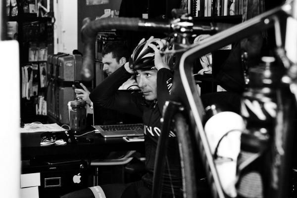 Suiting up for a prep ride this morning at IFIXBYX on West 37th Street.