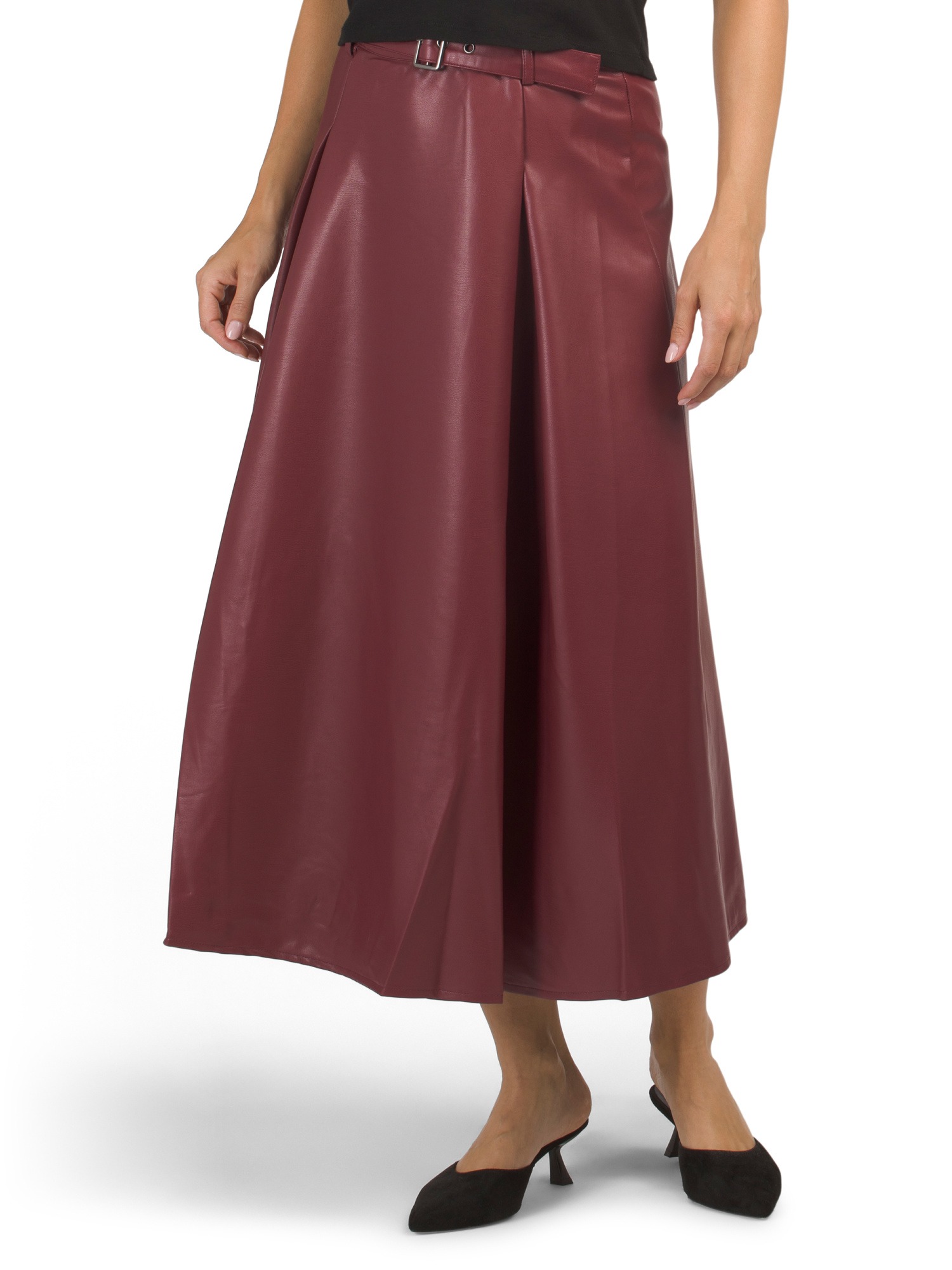 Dra, Faux Leather A-line Midi Skirt With Attached Belt