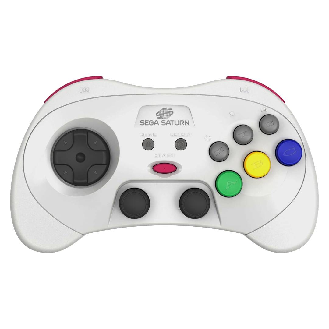 Retro-Bit Sega Saturn Pro controller in white with white backdrop.
