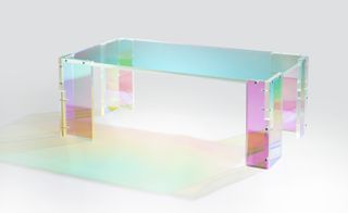 Simple coffee table constructed from acrylic and dichroic film