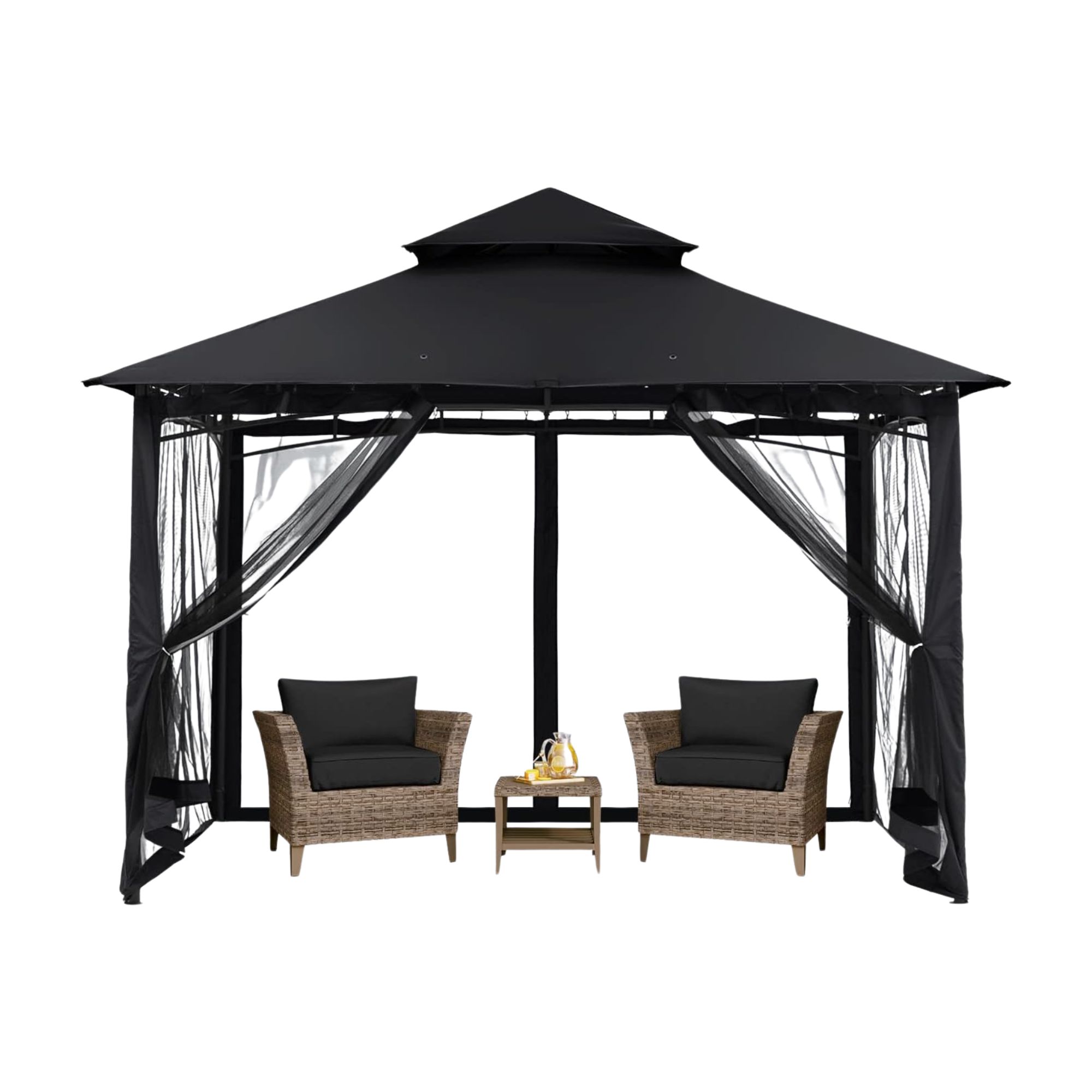 A black gazebo with two brown chairs with black covers and a small table underneath it