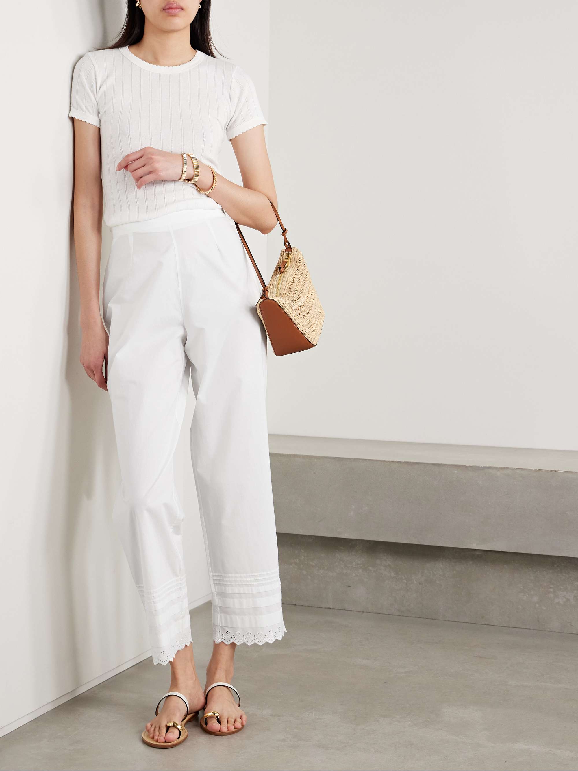 Francisca Broderie Anglaise-Trimmed Pintucked Organic Cotton-Poplin Straight-Leg Pants