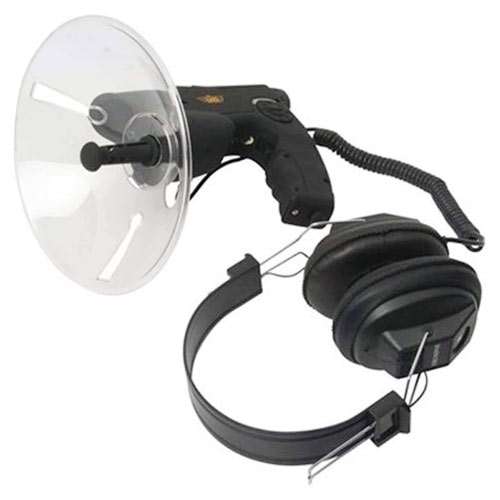 Parabolic microphone monocular on a white background.