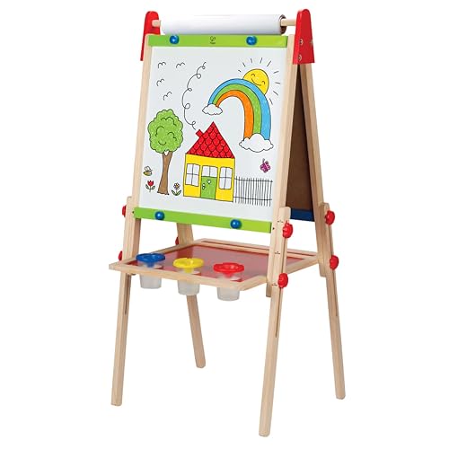 Hape All-In-1 Easel | Award-Winning Double-Sided Kids Standing Easel Adjustable Height Stand With Paper Roll, Chalkboard, Whiteboard, Magnets and 3 Paint Pots