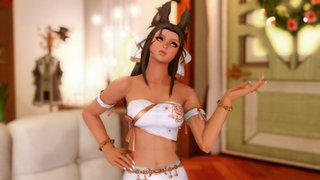 A female Viera with grey hair, wearing a white off-the-shoulder top throws her hand up in the air as she pulls a face of annoyance.